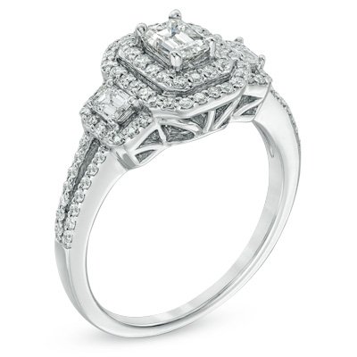  1 CT. T.W. Emerald-Cut Diamond Double Frame Past Present Future Ring in 14K White Gold