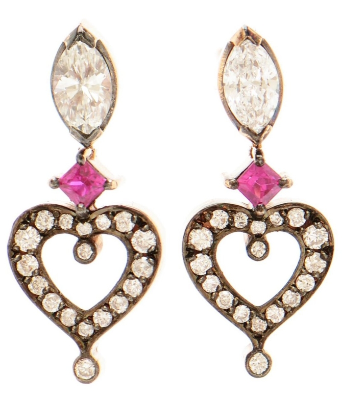 Heart 18k Rose Gold, Ruby and Diamond Earrings